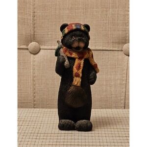 Vintage Sandicast 6X2 Black Bear Figurine with scarf, winter hat,‎ bag on stick